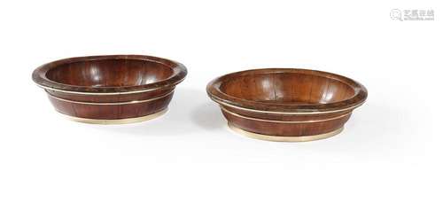 A PAIR OF WALNUT, PINE, AND BRASS BOUND JARDINIERES