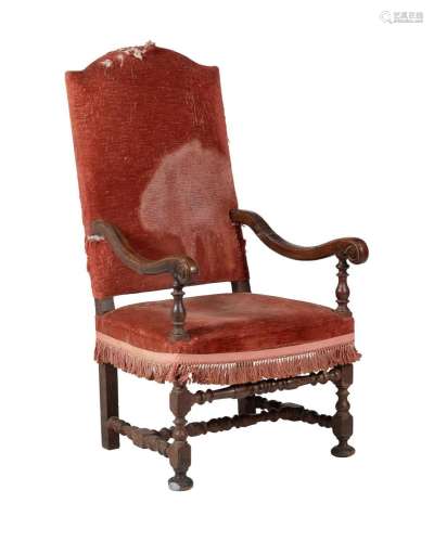 A WALNUT HIGH BACK ARMCHAIR IN LATE 17TH CENTURY STYLE