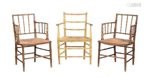 A PAIR OF SIMULATED BAMBOO OPEN ARMCHAIRS