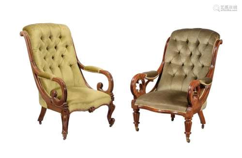 A WILLIAM IV MAHOGANY OPEN ARMCHAIR AND A SIMILAR EARLY VICT...