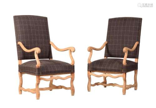 A PAIR OF STRIPPED BEECH AND UPHOLSTERED OPEN ARMCHAIRS IN L...