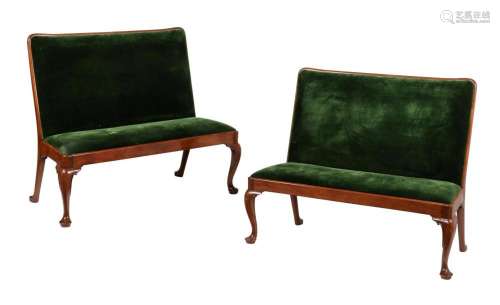 A PAIR OF WALNUT AND UPHOLSTERED HALL BENCHES IN GEORGE II S...