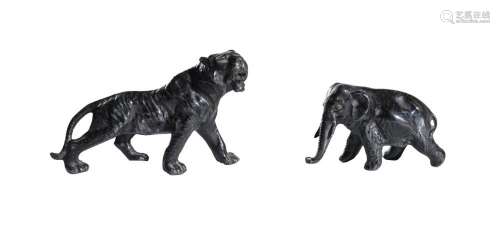 TWO PATINATED METAL MODELS OF A TIGER AND AN ELEPHANT