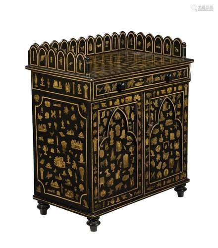 AN EBONISED AND DECOUPAGE DECORATED SIDE CABINET