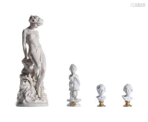 A CONTINENTAL BISCUIT PORCELAIN FIGURE OF A CLASSICAL MAIDEN