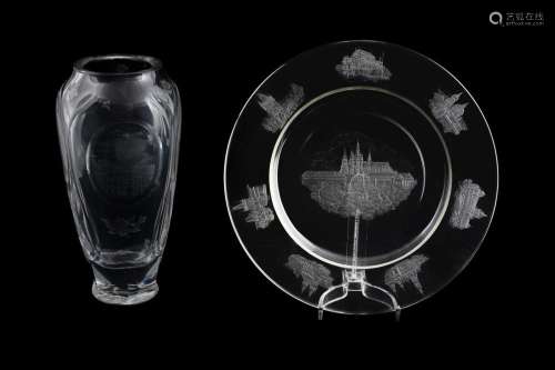 A CZECH CLEAR AND ENGRAVED GLASS TOPOGRAPHICAL CHARGER WITH ...
