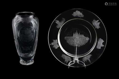 A CZECH CLEAR AND ENGRAVED GLASS TOPOGRAPHICAL CHARGER WITH ...