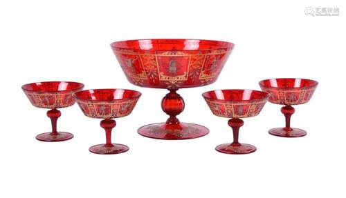 A VENETIAN RUBY GLASS, ENAMELLED AND GILT PEDESTAL BOWL