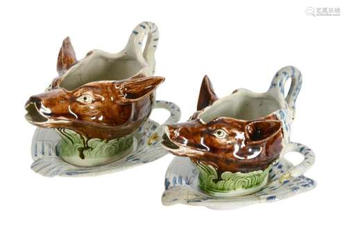 TWO SIMILAR STAFFORDSHIRE PEARLWARE FOX-MASK SWAN-HANDLED SA...