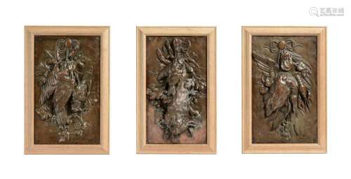 A SET OF THREE BRONZE AND OAK MOUNTED GAME TROPHIES