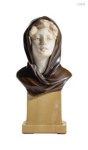 HENRY SCHUMACHER, A BRONZE, ALABASTER AND MARBLE BUST OF A Y...