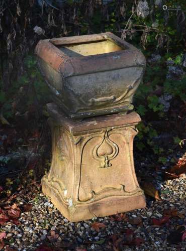 A VICTORIAN TERRACOTTA URN AND PEDESTAL IN THE MANNER OF LIB...