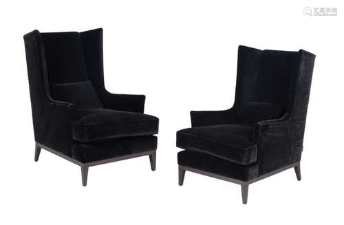 A PAIR OF BLACK VELVET UPHOLSTERED ARMCHAIRS