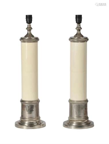 A PAIR OF CHROME AND SIMULATED SHAGREEN COLUMNAR TABLE LAMPS