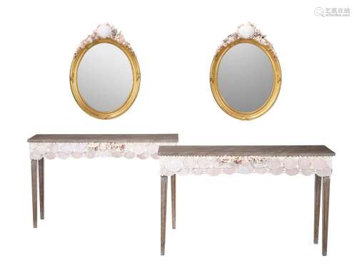 A PAIR OF SHELL MOUNTED GILTWOOD WALL MIRRORS