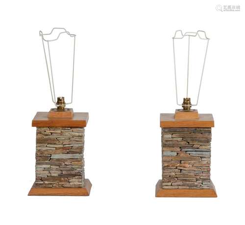 λ A PAIR OF OAK AND STONE TABLE LAMPS