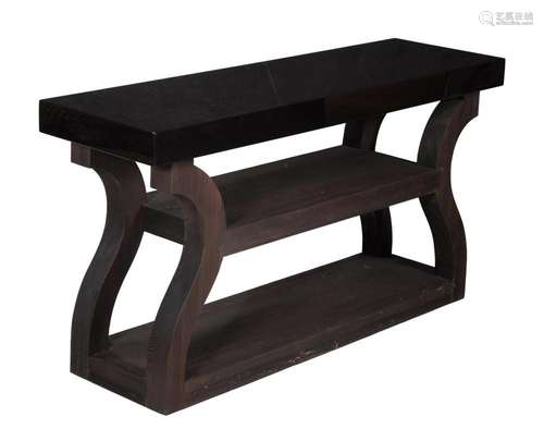 A BLACK LACQUERED CONSOLE TABLE