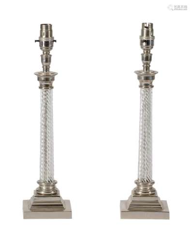 A PAIR OF GLASS AND CHROME TABLE LAMPS, RECENLY MANUFACTURED...