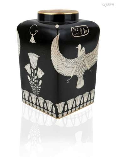 AN EGYPTIAN REVIVAL CERAMIC VASE IN BLACK WITH GOLD DETAIL T...