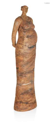 A STONEWARE SCULPTURE OF A WOMAN STANDING FULL-LENGTH, C.199...