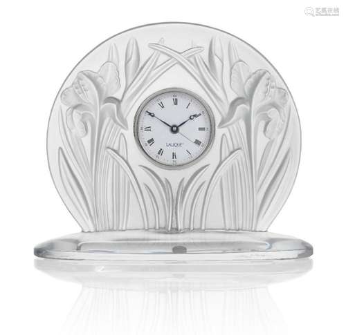 LALIQUE (FRENCH), A CLEAR AND FROSTED ‘IRIS’ TIMEPIECE, C.20...