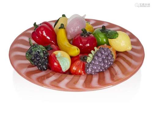 A LARGE MURANO GLASS DISH, TOGETHER WITH LOOSE MURANO GLASS ...