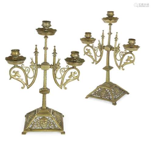 A PAIR OF BRASS GOTHIC REVIVAL THREE BRANCH CANDELABRA, C.18...