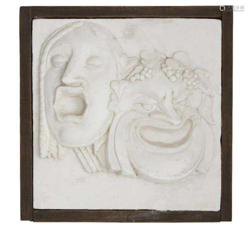 A PLASTER PANEL DEPICTING CLASSICAL STYLISED 'COMEDY'...