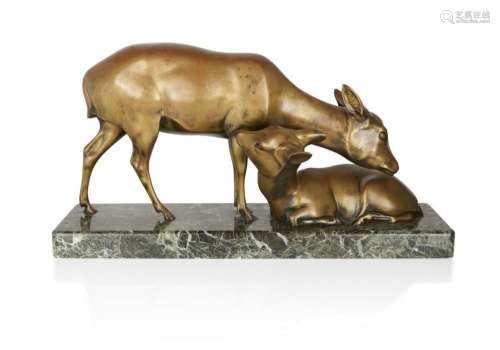 SINKO, AN ART DECO PATINATED BRONZE GROUP OF A DOE AND HER F...