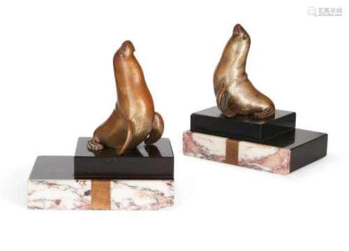 A PAIR OF FRENCH ART DECO BRONZE COLD-PAINTED 'SEAL'...