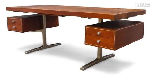 A LARGE TEAK AND CHROMED BESPOKE DESK, C.1968, THE RECTANGUL...