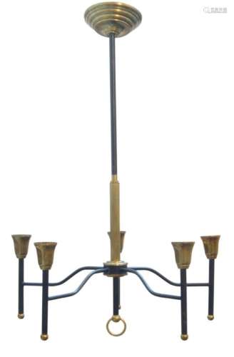 A FRENCH BRASS AND BLACK ENAMELLED FIVE LIGHT CHANDELIER, C....