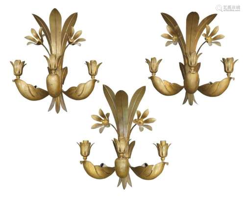 A SET OF THREE FRENCH WATER GILDED WALL LIGHTS, C.1960, EACH...