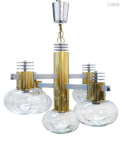 LAMTER (ITALIAN), A BRASS AND CHROMED FIVE LIGHT PENDANT LIG...