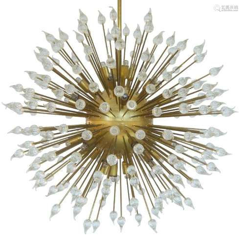 A LARGE BRASS STARBURST CHANDELIER, C.2010, COMPRISING BRASS...