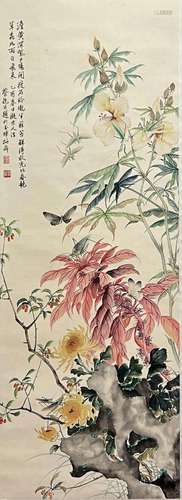 Chinese Flower and Bird Painting Paper Scroll Signed Cai Xia...