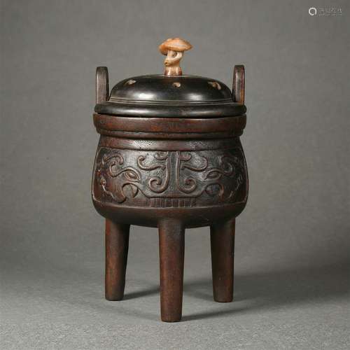 A Chinese Carved Aloeswood Tripod Censr