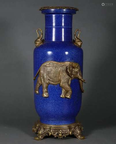 An Ormolu Blue Glazed Mallet Vase