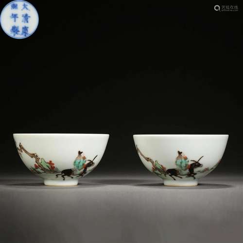 Pair Chinese Famille Verte Figural Story Cups