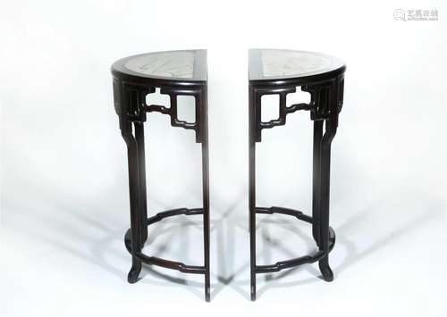 Matched Pair Chinese Marble Inlaid Rosewood Tables