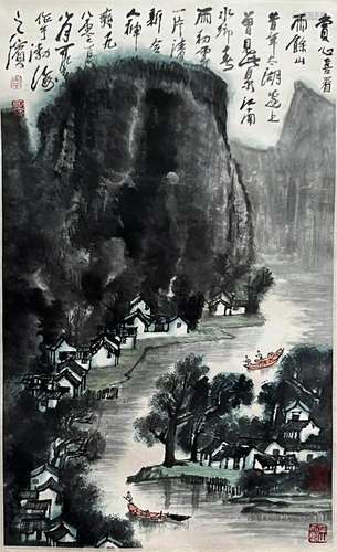 Chinese Landscape Painting Paper Scroll Signed Li Keran