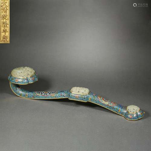 A Chinese White Jade Inlaid Cloisonne Enamel Ruyi Scepter