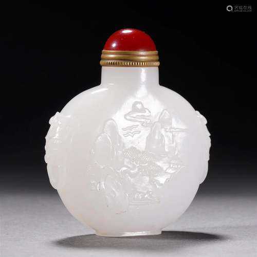 A Chinese Carved White Jade Snuff Bottle