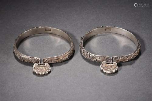 Pair Chinese Silver Blooms and Orchids Bangles