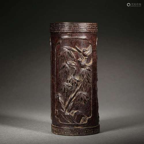 A Chinese Carved Rosewood Plum Bamboo Brushpot