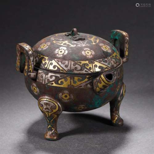 A Chinese Bronze Partly Gilt Food Vessel Ding