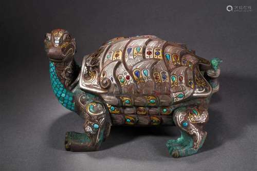 A Chinese Bronze Partly Gilt Tortoise