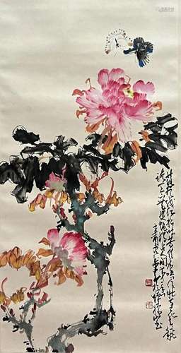 Chinese Flower and Bird Painting Paper Scroll Signed Zhao Sh...