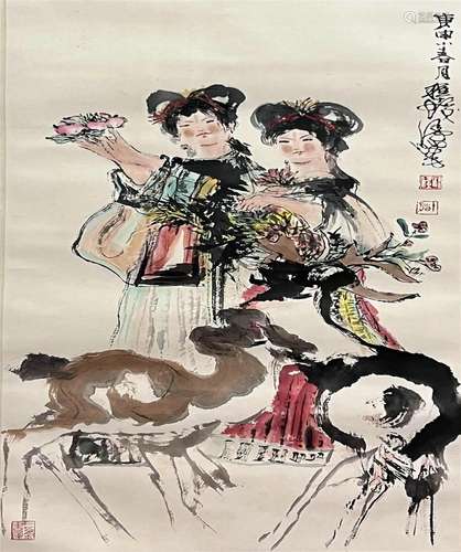 Chinese Figure Painting Paper Scroll Signed Cheng Shifa