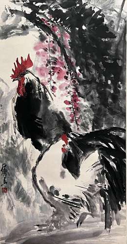 Chinese Rooster Painting Paper Scroll Signed Shi Qi